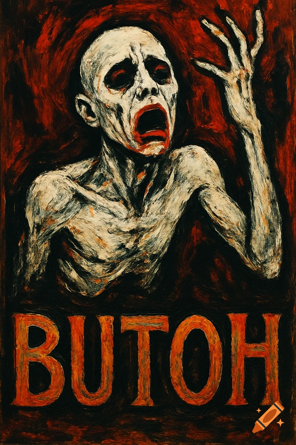 German expressionist painting of a skeletal, screaming figure with the text BUTOH below.
