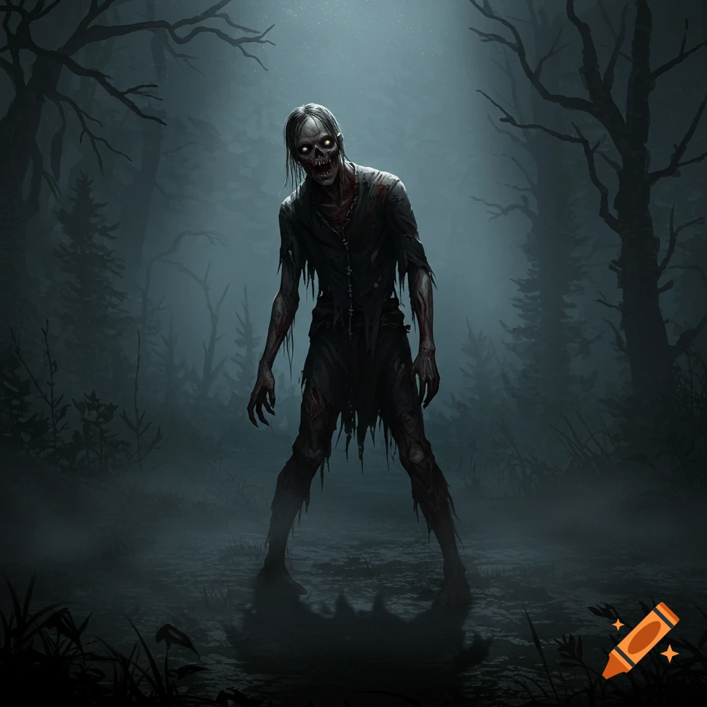 A gaunt zombie stands in a dark, misty forest under moonlight.