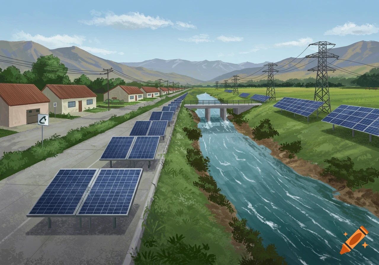 Illustration of a community with houses, a river, solar panels, and power lines in a valley.