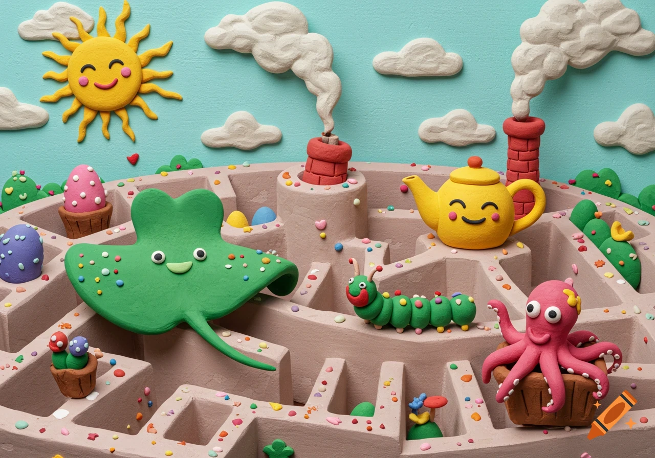 Clay model diorama of a maze with a happy stingray, octopus, caterpillar, sun, and teapot.