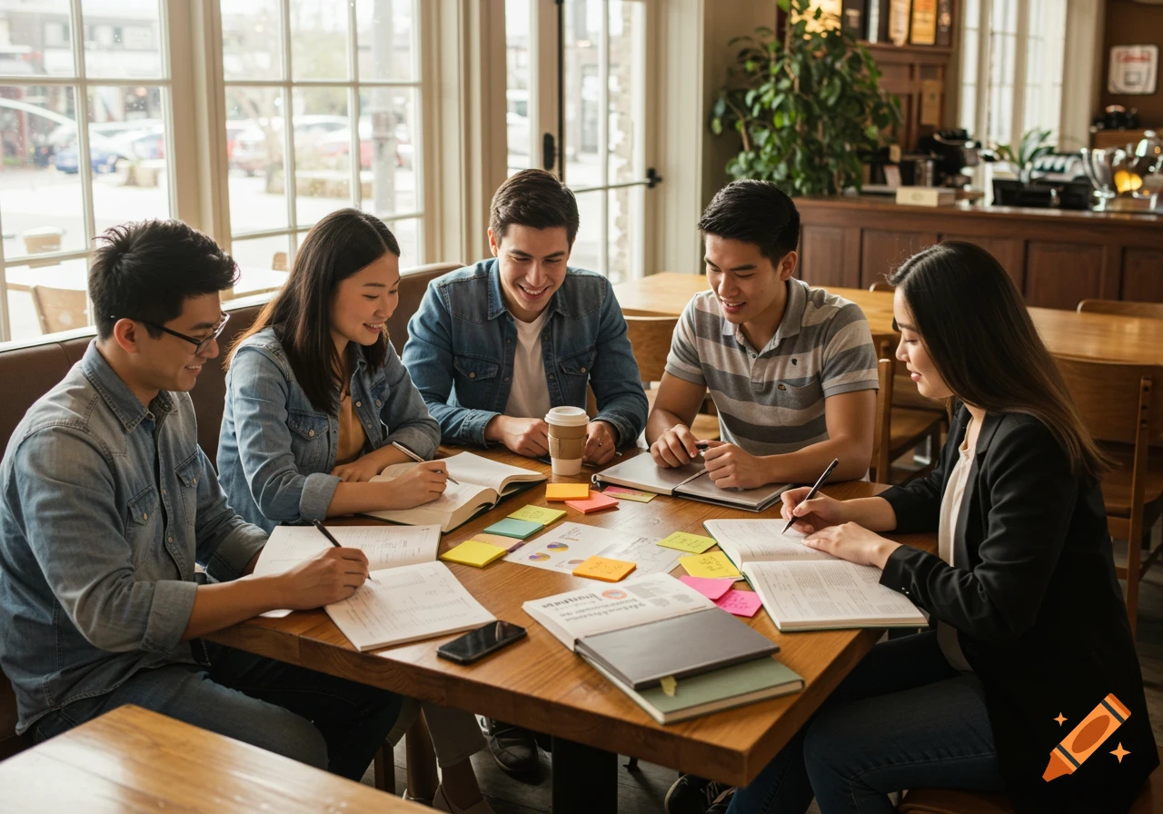 Five students study together at a table in a bright coffee shop.