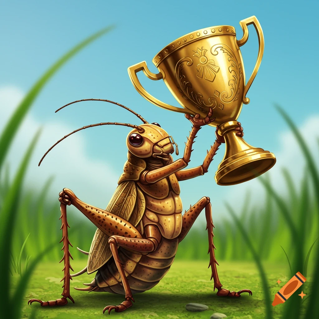 Cartoon cricket holding a golden trophy in grass.
