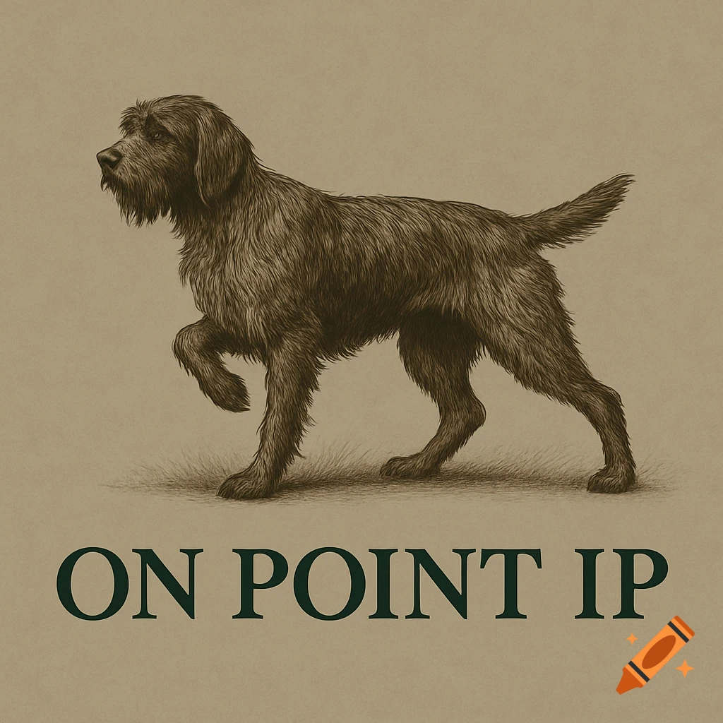Illustration of a Wirehaired Pointing Griffon dog on point stance with 'ON POINT IP' text below.