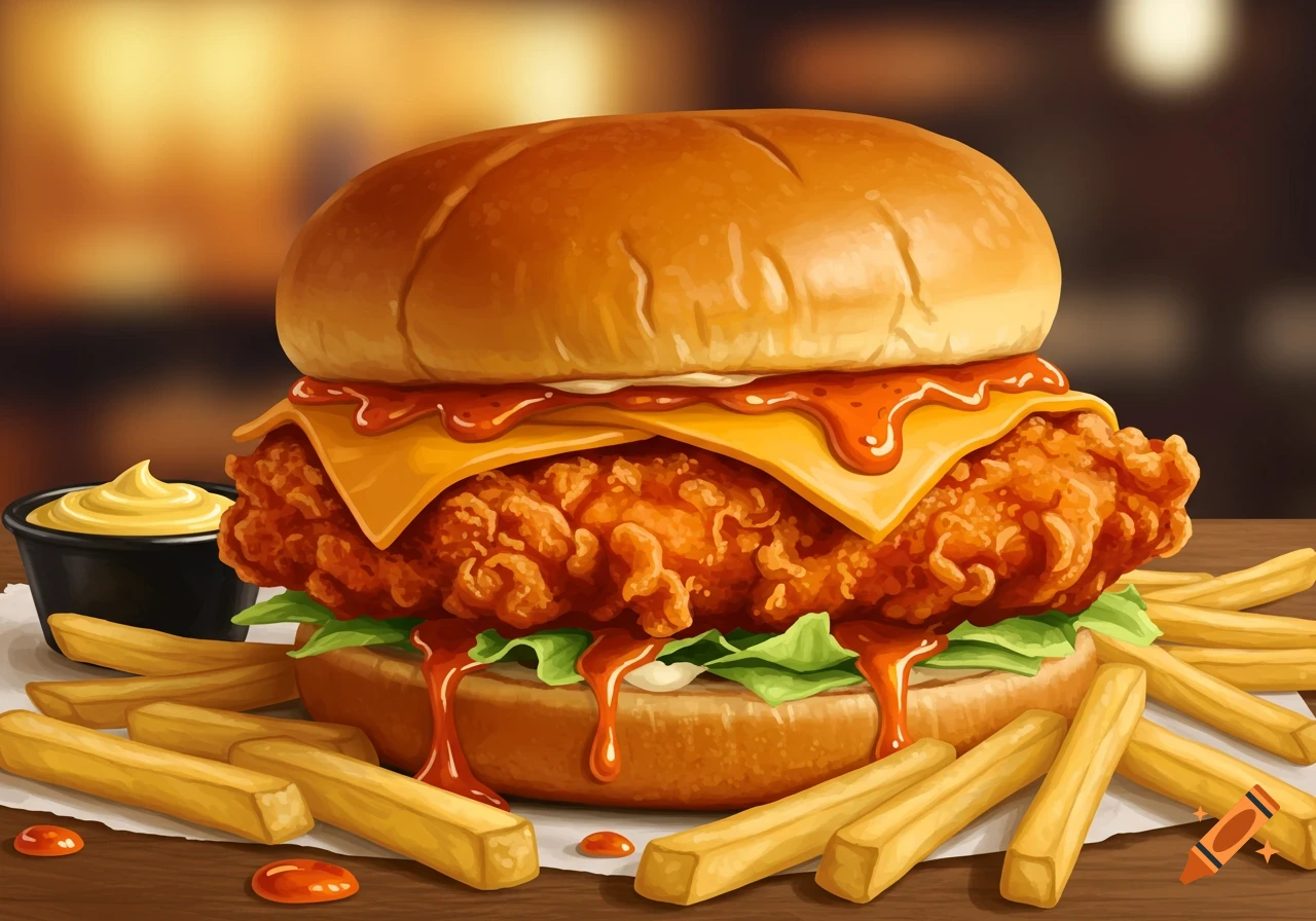 Stylized illustration of a hot chicken sandwich with melted cheese and sauce, fries, and dipping sauce.