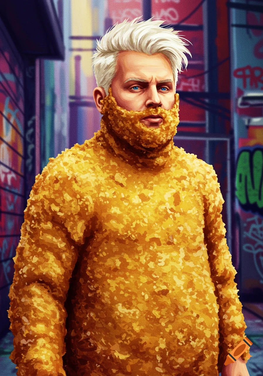 Digital illustration of a man with a beard and suit made of chicken nuggets, standing in a graffiti-covered urban alley.