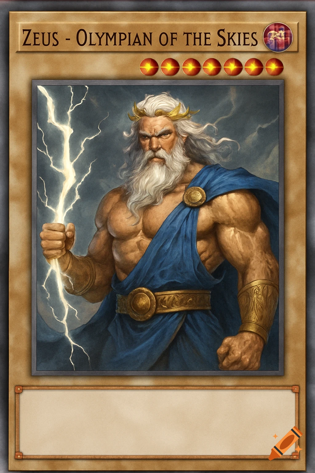 A depiction of Zeus holding a lightning bolt on a trading card.