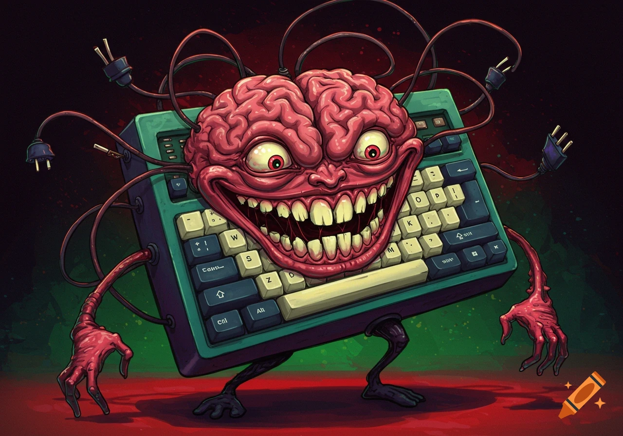 Cartoon grotesque brain monster made of a keyboard with plug eyes and distorted limbs.