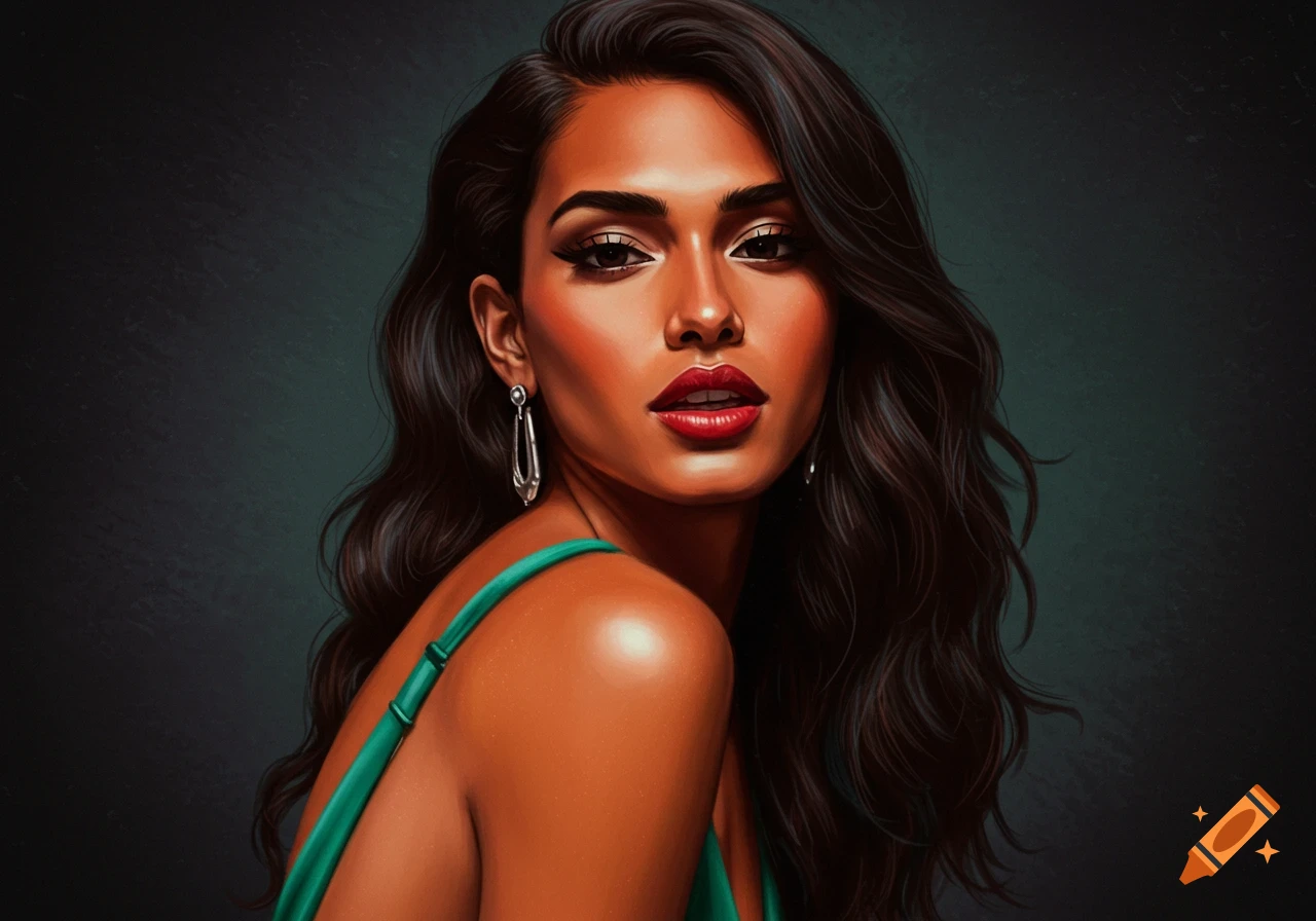 Illustration of a woman with dark hair and red lipstick wearing a teal ...