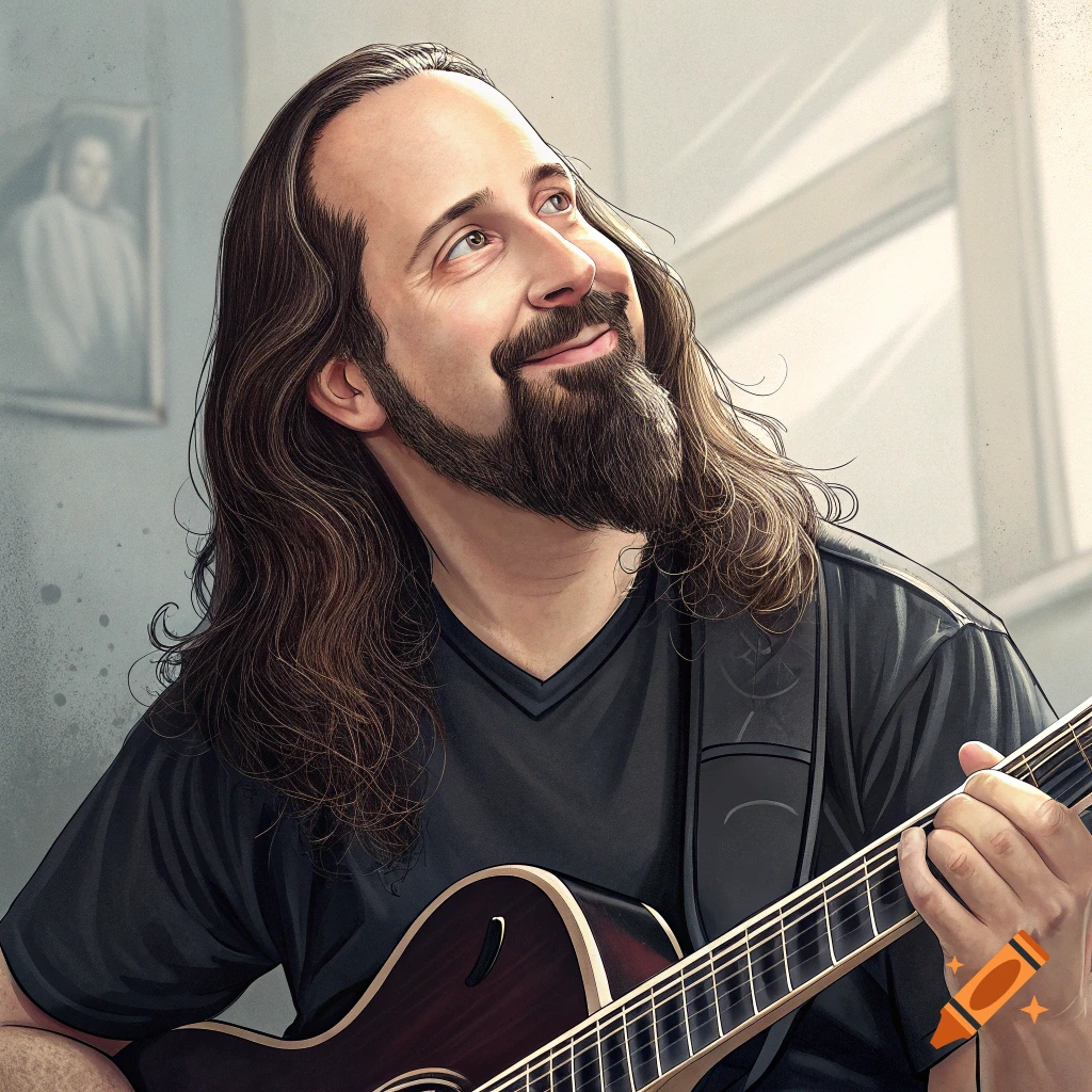 Illustration of a man with long hair and beard playing an acoustic guitar.