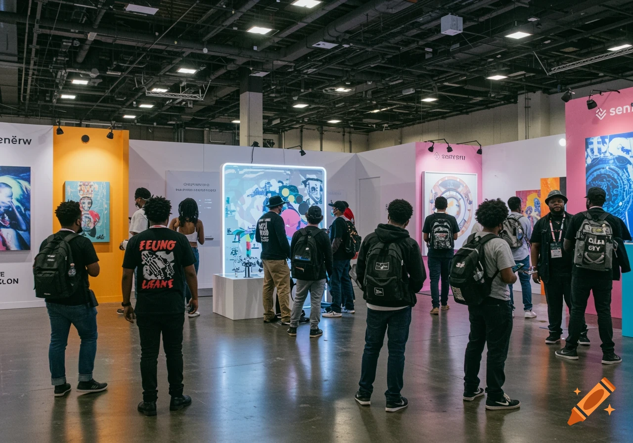 Group of young Black attendees at a creative convention interacting with art displays.