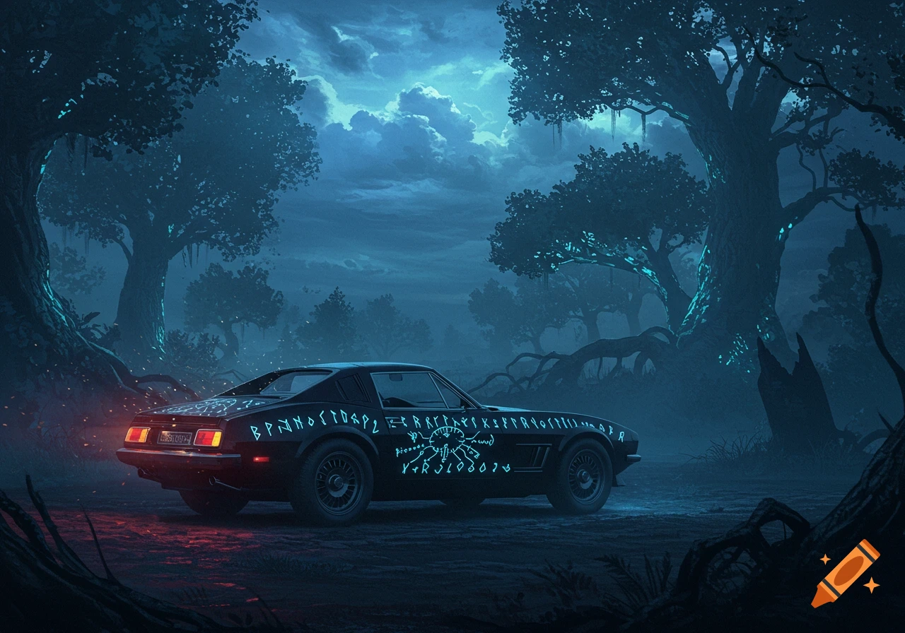 A black car covered in glowing runes is parked in a dark, misty fantasy forest under a cloudy blue sky.