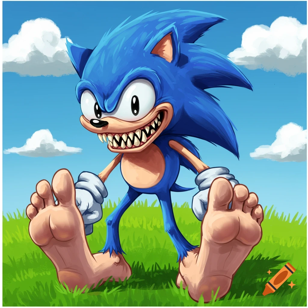 Creepy looking Sonic with large bare feet sitting in grass.