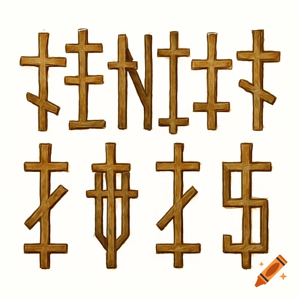 Phrase 'SENIOR 2025' made of brown Christian crosses on white background.