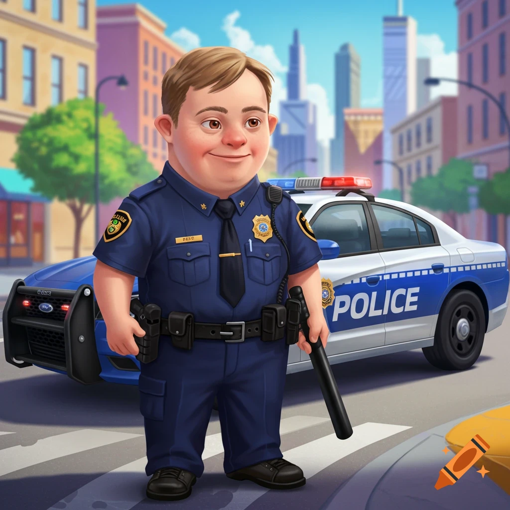 A cartoon police officer stands in front of a police car on a city ...