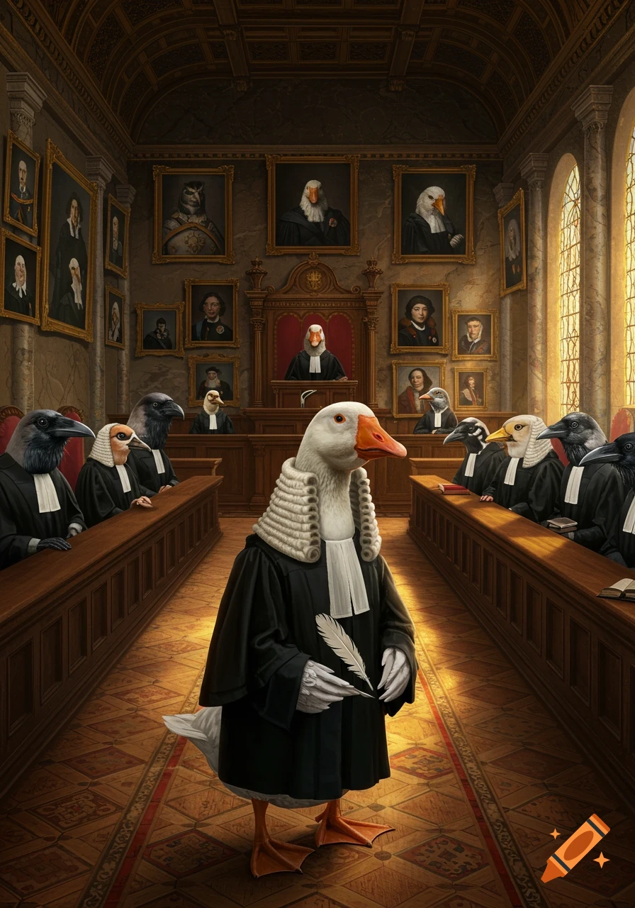 Anthropomorphic goose judge in a courtroom with other bird lawyers