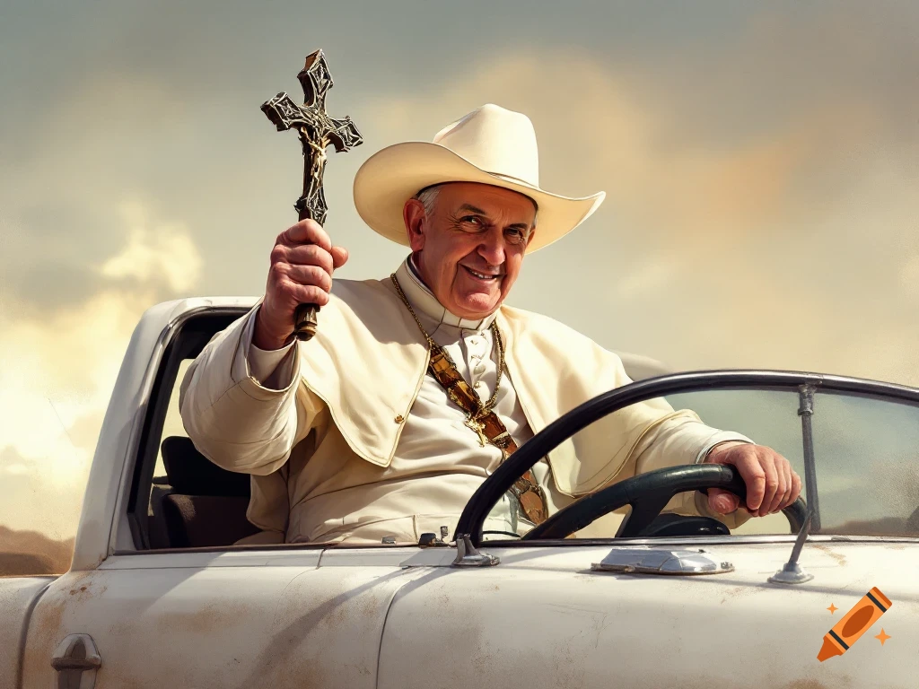 A man dressed as the Pope wearing a cowboy hat holds up a cross while driving a white pickup truck.