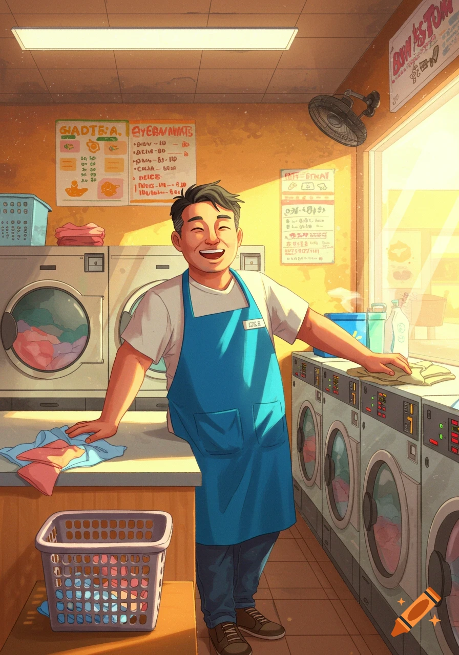 Illustrative portrait of a smiling man in a blue apron in a bright laundromat with washing machines.