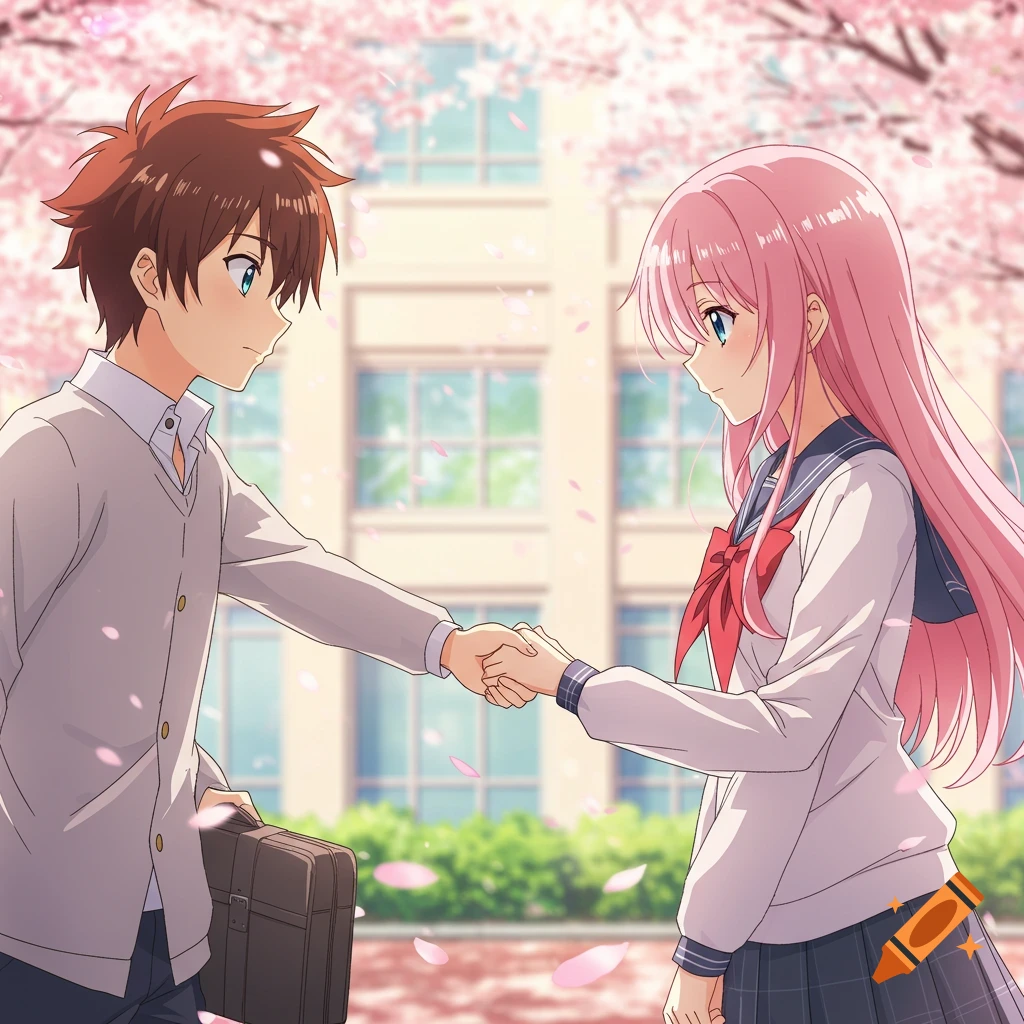 Anime schoolboy and girl shaking hands under cherry blossoms.