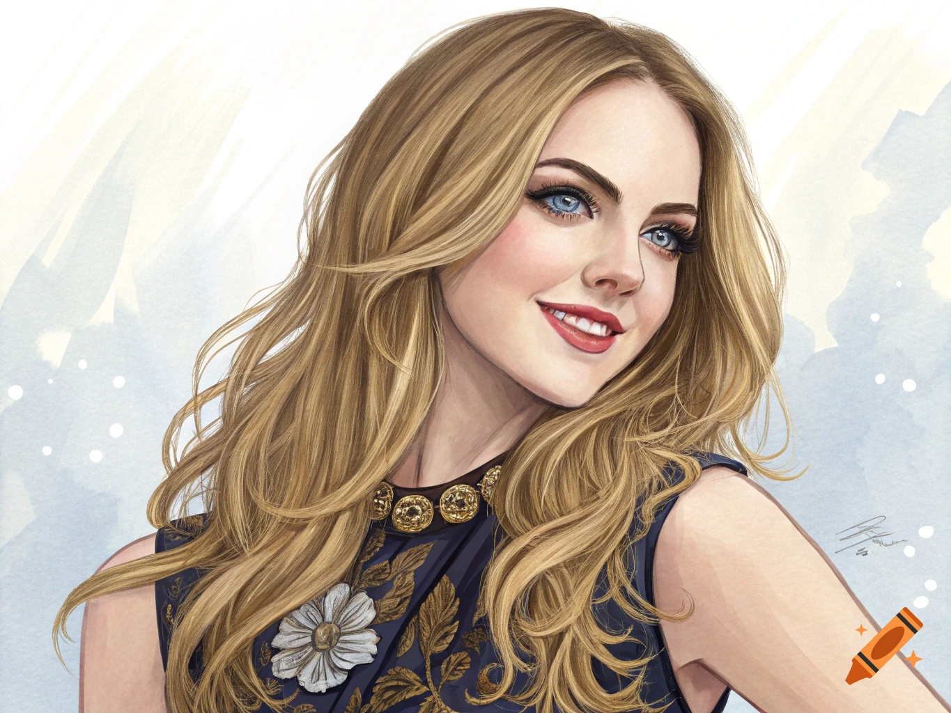 Painted portrait of a woman with long blonde hair and blue eyes smiling ...