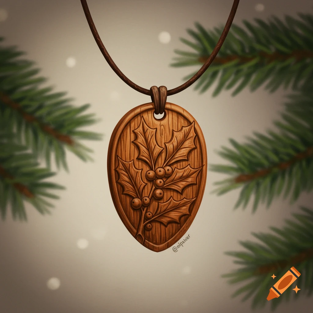 A wooden pendant necklace carved with holly hangs from a cord. Blurred evergreen branches and lights in the background.