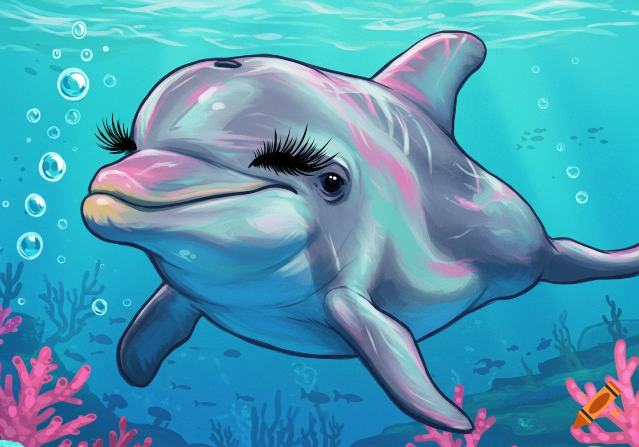 Illustration of a dolphin with long fake eyelashes swimming underwater among coral.