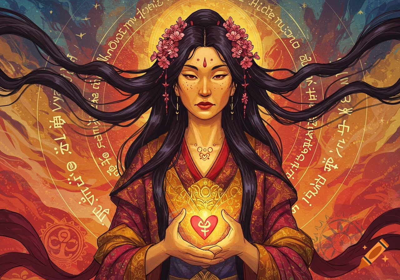 Portrait of a goddess figure holding a glowing heart with symbolic text and patterns in the background, digital art style.