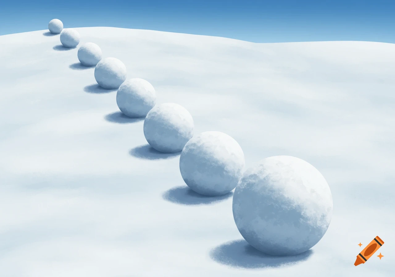 Digital painting of a line of snowballs on a snowy hill.