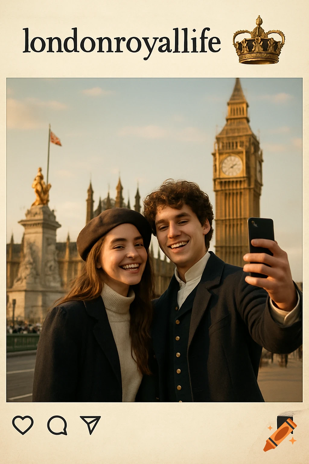 Young couple take a selfie in front of Big Ben, formatted as an instagram post.