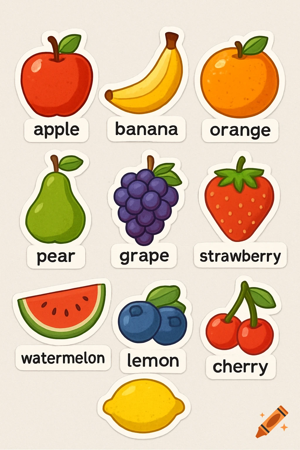 Cartoon stickers of fruits (apple, banana, orange, pear, grape, strawberry, watermelon, lemon, cherry) with names below.