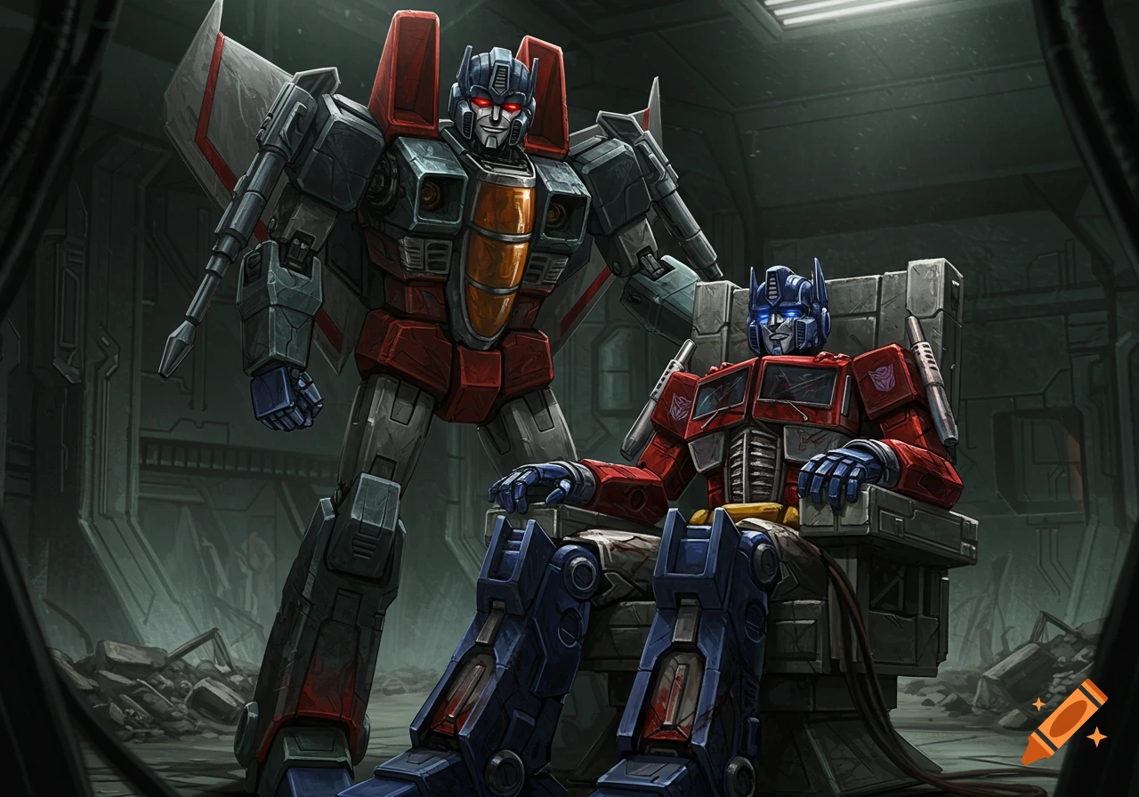 Illustration of Starscream standing over Optimus Prime seated in a damaged room.