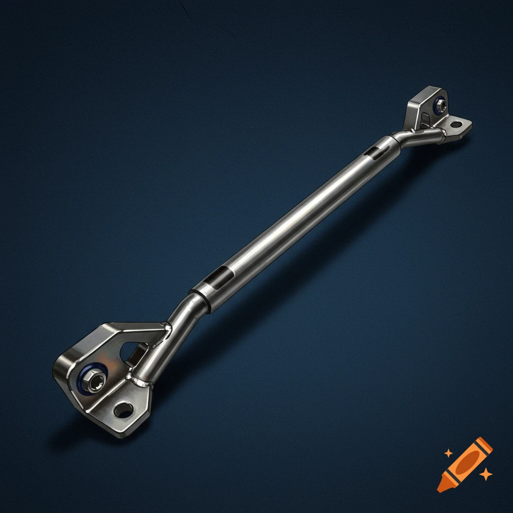 A silver metallic anti-roll bar is angled on a dark blue background.