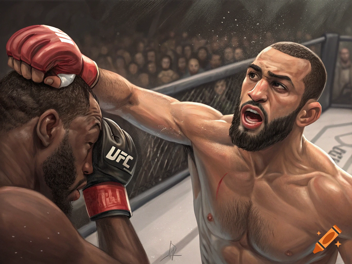 Illustration of two fighters in a UFC cage during a match. One fighter punches, the other blocks.