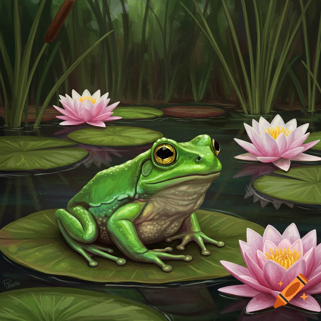 A green frog sits on a lily pad in a pond with pink water lilies and reeds. Digital illustration.