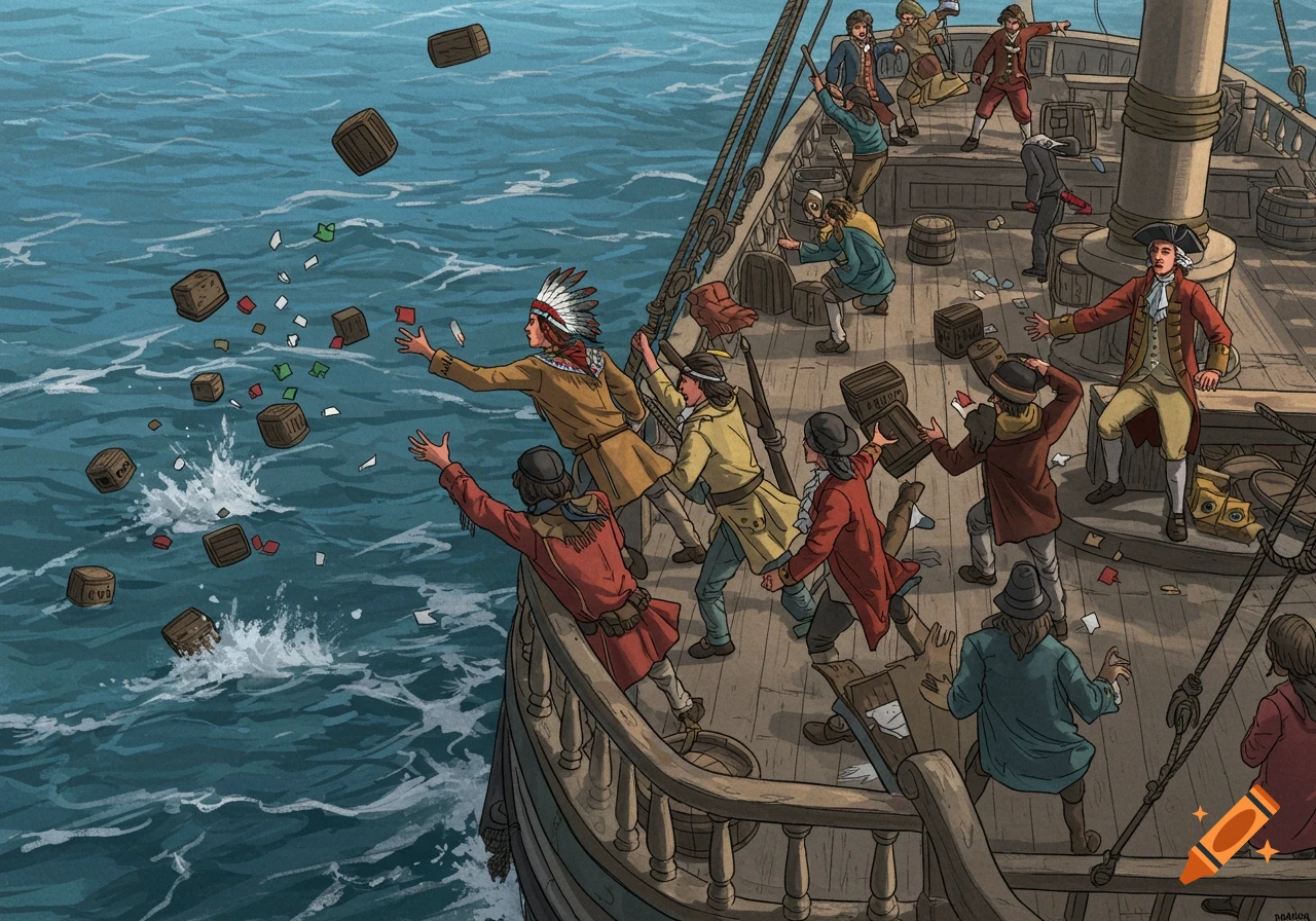 Illustration of people on a ship throwing crates into the water, depicting the Boston Tea Party.