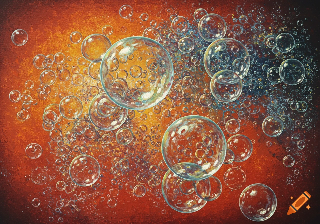 Abstract image of many translucent bubbles on a textured orange background.