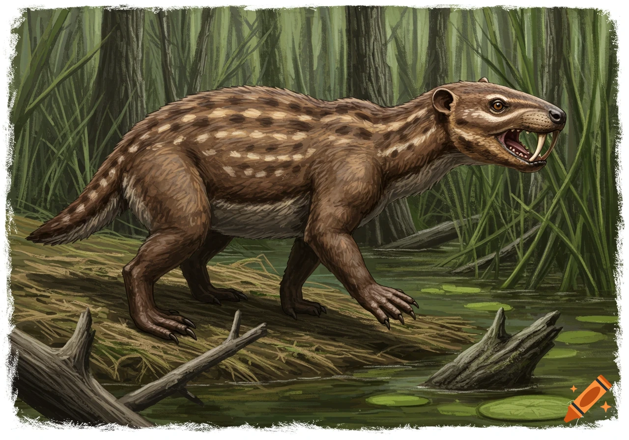 Illustration of a spotted, saber-toothed prehistoric creature walking in a marsh.