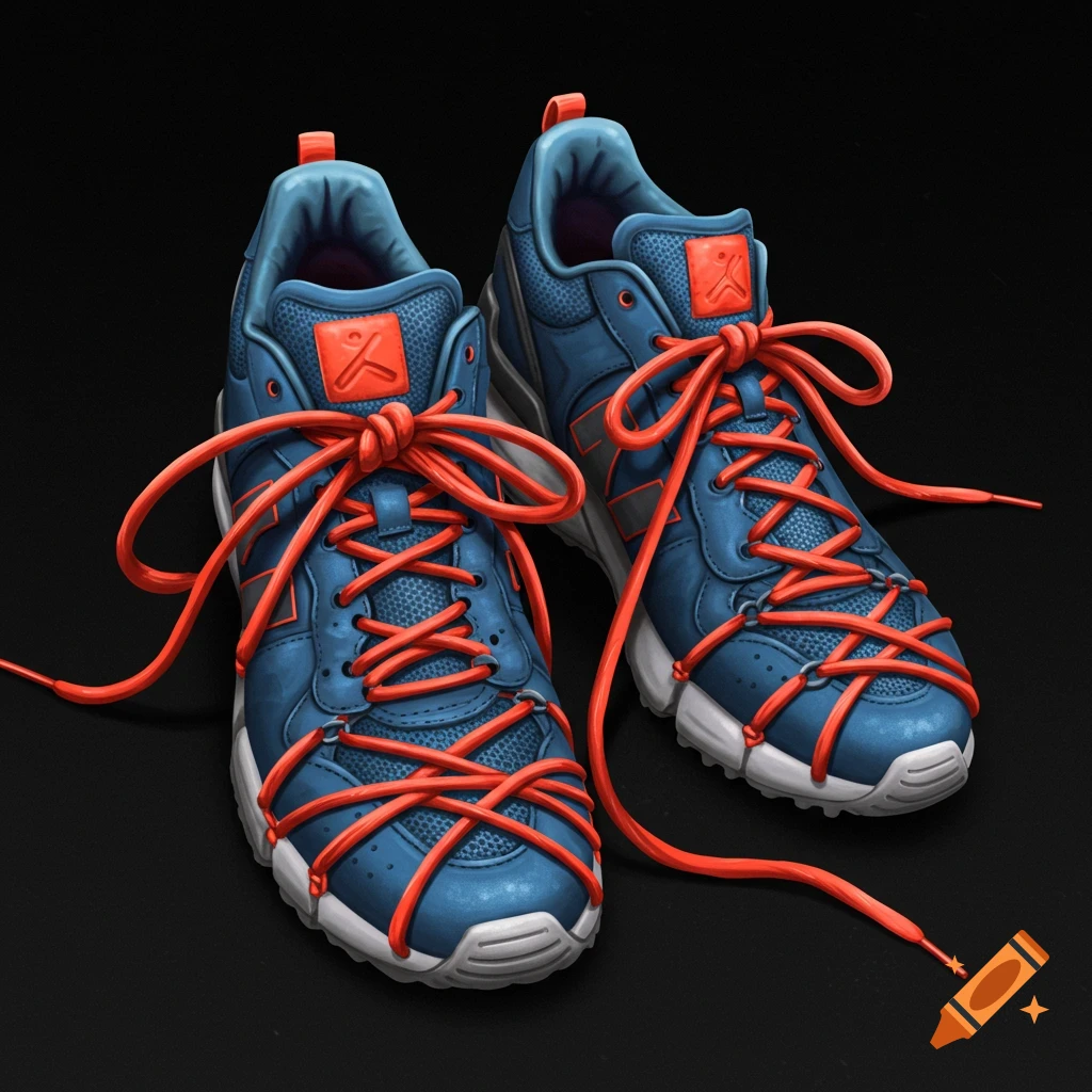 Detailed illustration of blue sneakers with bright orange, elaborately tied laces on a dark background.