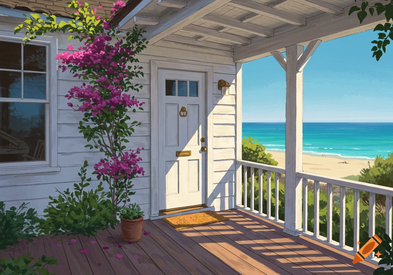 A white cottage porch with pink flowers overlooks a sunny beach and ocean.