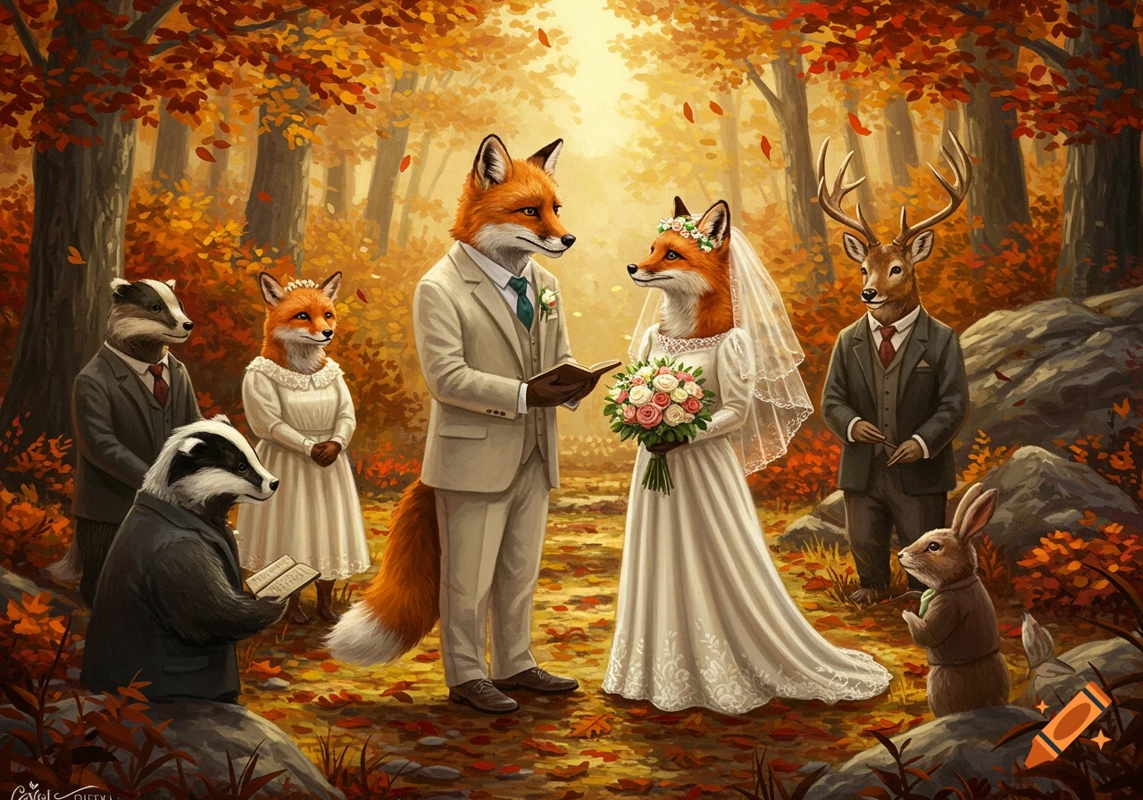 Anthropomorphic foxes in wedding attire getting married in an autumn forest with animal guests.