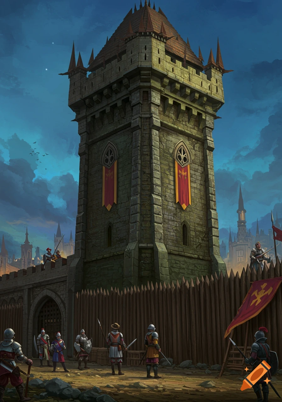 A tall stone guard tower with soldiers at a gate and on walls, under twilight.