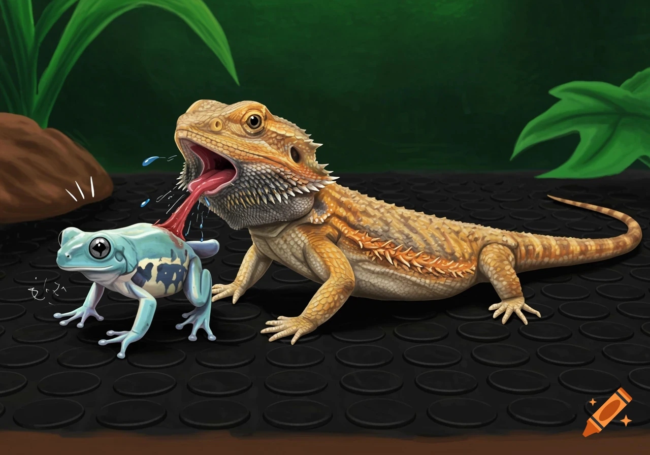 Children's book illustration of a bearded dragon spitting out a blue tree frog onto a black mat.
