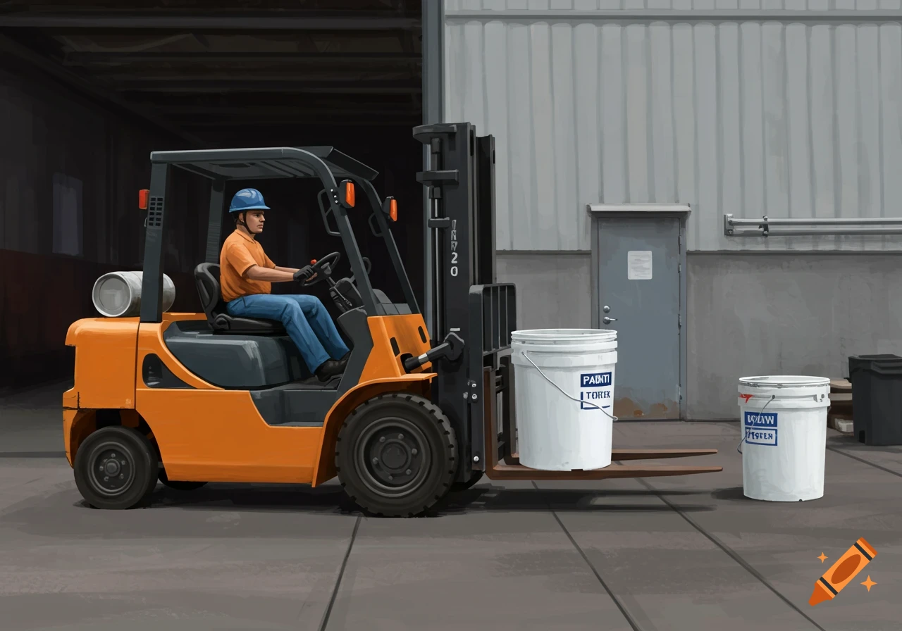 A worker operates an orange forklift, moving a large white bucket in a warehouse.