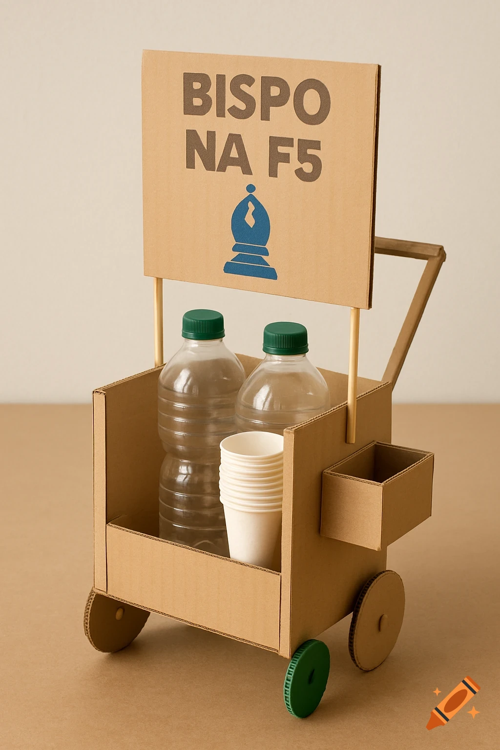 Cardboard prototype cart with a sign, bottles, and cups