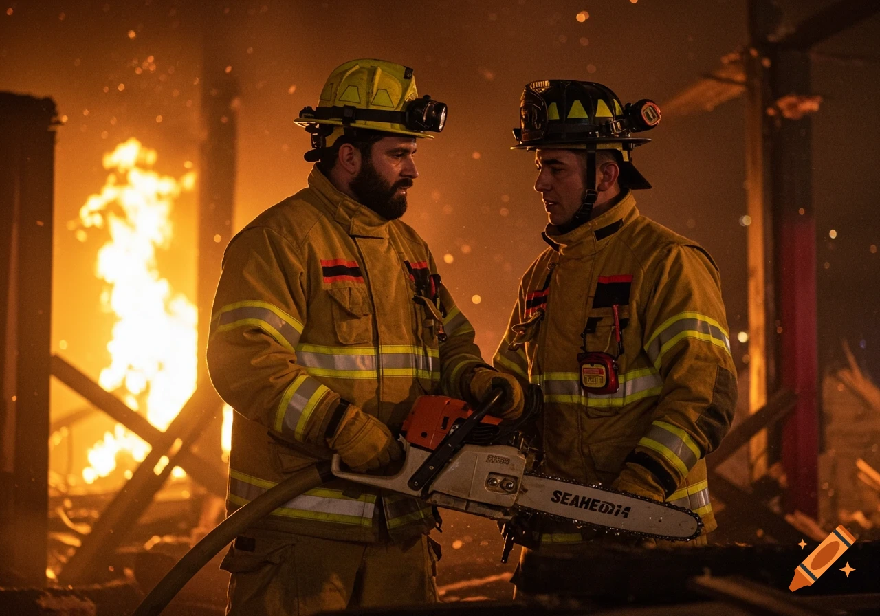 Two firefighters in gear talking while one holds a chainsaw in front of a large fire. Dramatic, photorealistic style.