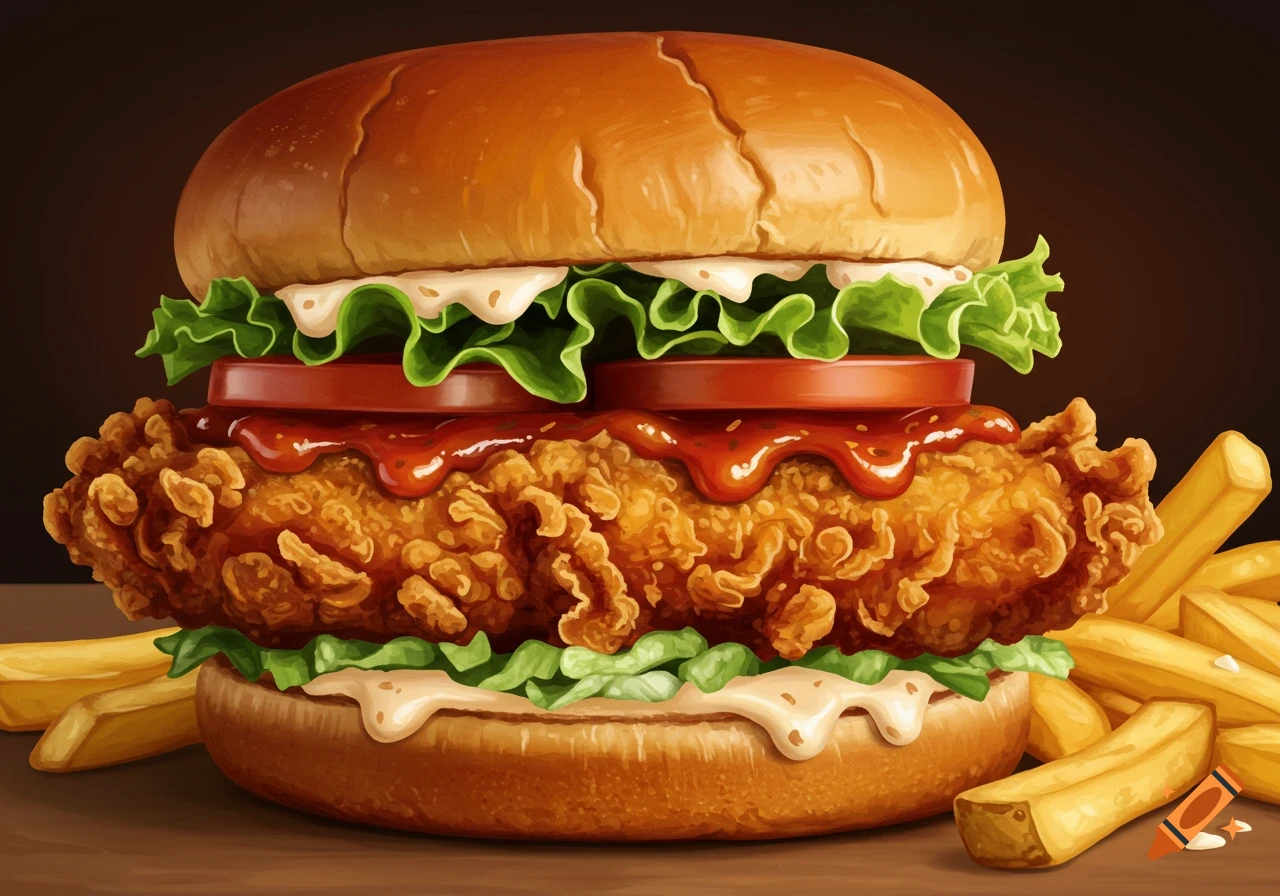 Close-up of a fried chicken sandwich with lettuce, tomato, and sauce, with fries in a painted style.