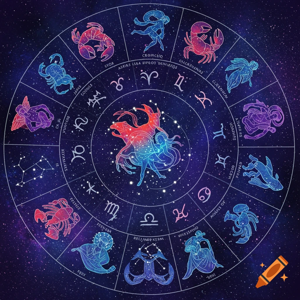 An illustration of a zodiac wheel with colorful cosmic signs and illegible text on a starry background.