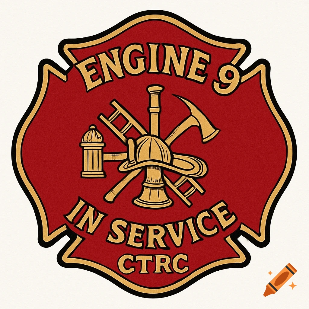 Red and gold fire department logo with "Engine 9 In Service CTRC" and fire equipment.