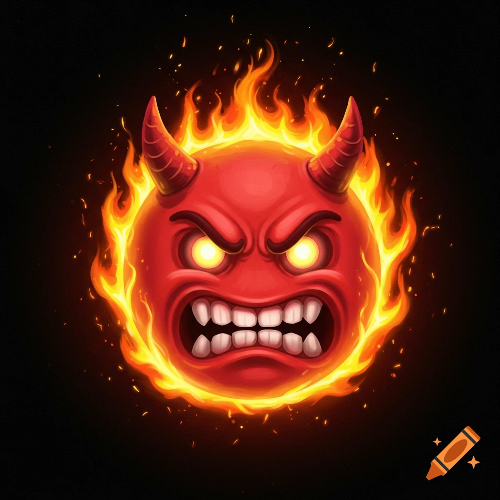 A furious red demon emoji with horns and sharp teeth, surrounded by flames.