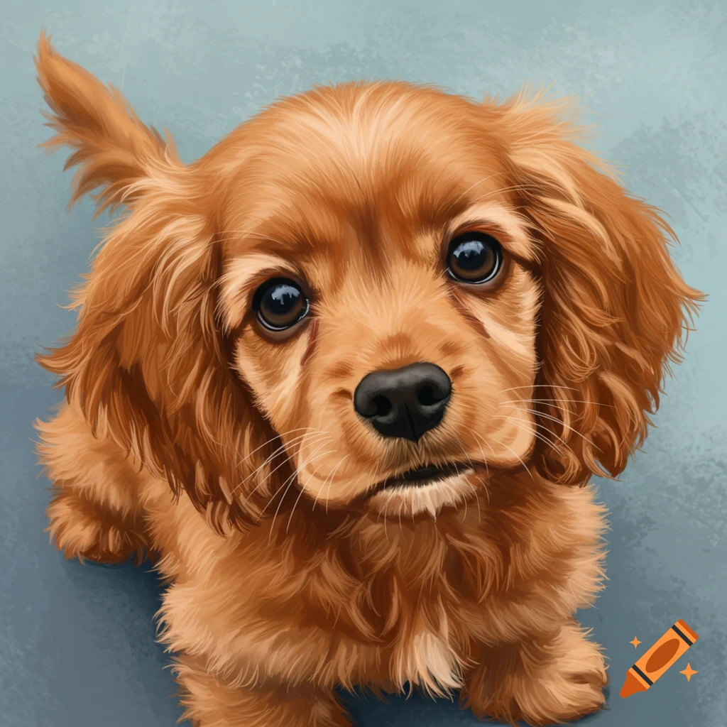 A small ginger cocker spaniel puppy looks up with big eyes, digital painting.