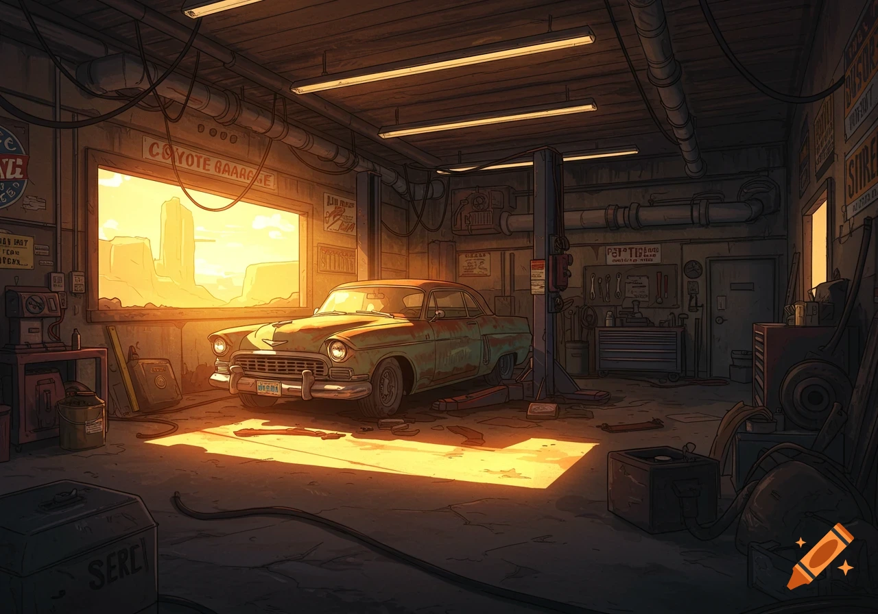 A stylized illustration of a classic car inside a garage looking out a large window at a desert landscape.